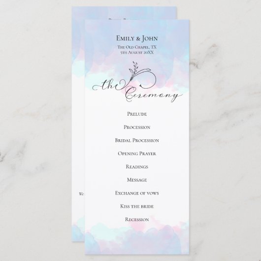  Leaf Zwart Script Pastel Waterverf Bruiloft Programmakaart (Voorkant / Achterkant)