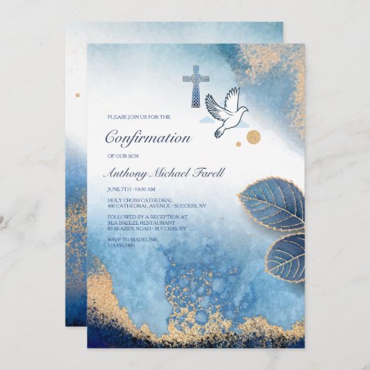 Leafy Blue Lijst Religieuze uitnodiging 2 (Voorkant / Achterkant)