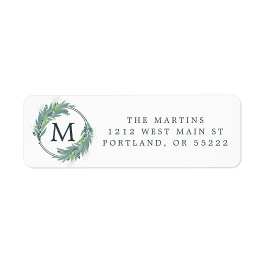 Leafy Blue-monogram met kerstmis/vakantieverlof Etiket (Voorkant)