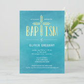 Leafy Cross Baptism Uitnodiging - Blauw (Staand voorkant)