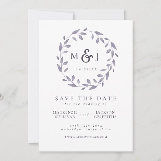 Leafy Elegance Blue & White Wreatmonogram Save The Date (Voorkant)