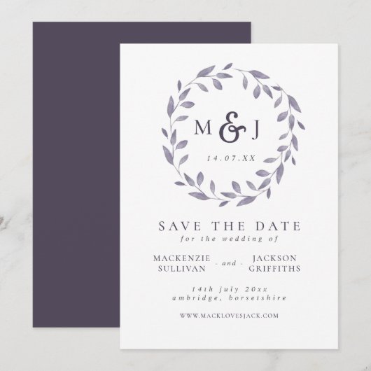 Leafy Elegance Blue & White Wreatmonogram Save The Date (Voorkant / Achterkant)