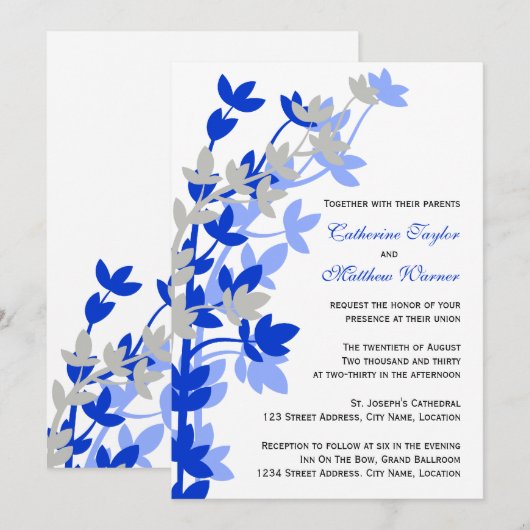 Leafy Elegance in Blue Silver Wedding Kaart (Voorkant / Achterkant)