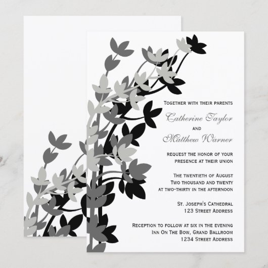 Leafy Elegance in Silver Black Wedding Invitation Kaart (Voorkant / Achterkant)