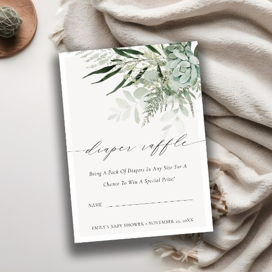 Leafy Fern Succulent Diaper Raffle Baby shower Informatiekaartje