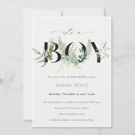 Leafy Fern Succulent... is een jongen Baby shower  Bedankkaart (Voorkant)