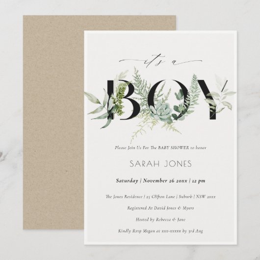 Leafy Fern Succulent... is een jongen Baby shower  Bedankkaart (Voorkant / Achterkant)