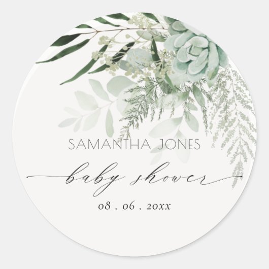 Leafy Fern Succulent Lijst Foliage Baby shower Ronde Sticker (Voorkant)