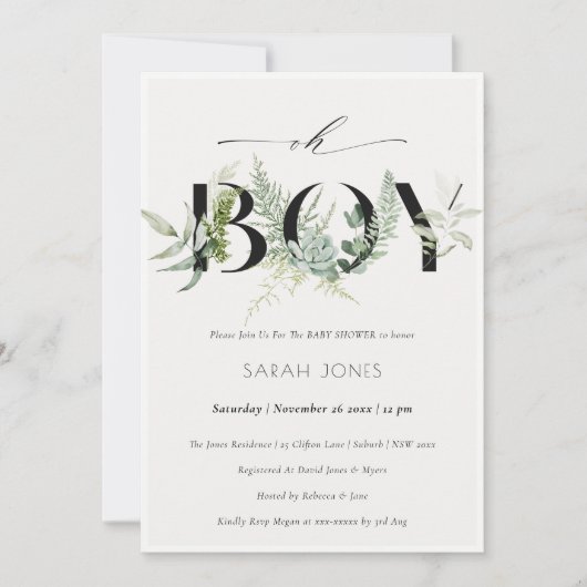 Leafy Fern Succulent Oh Boy Baby shower Invite Bedankkaart (Voorkant)