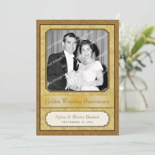 Leafy Golden Damask (50e) Jubileum-uitnodiging Kaart (Staand voorkant)