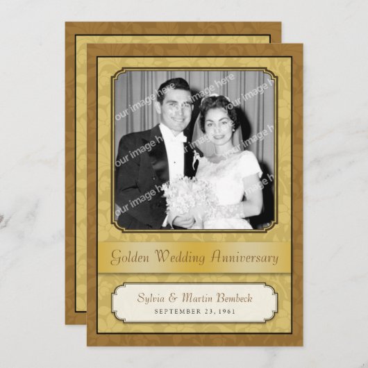 Leafy Golden Damask (50e) Jubileum-uitnodiging Kaart (Voorkant / Achterkant)