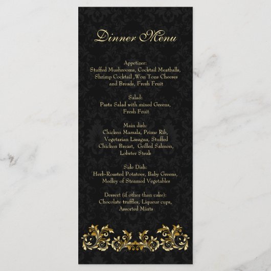 Leafy golden swirls, Black damask Menu (Achterkant)