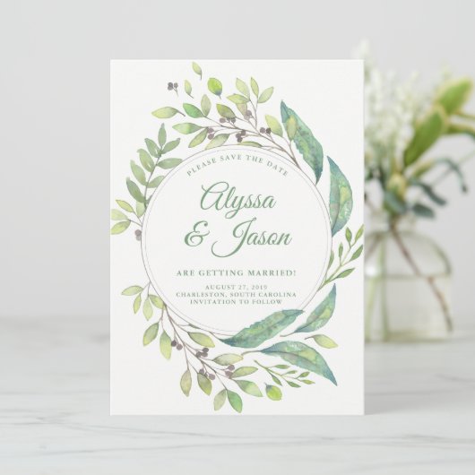 Leafy Green | De datum opslaan met foto's en namen Save The Date (Staand voorkant)