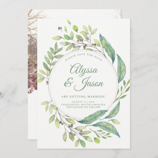 Leafy Green | De datum opslaan met foto's en namen Save The Date (Voorkant / Achterkant)