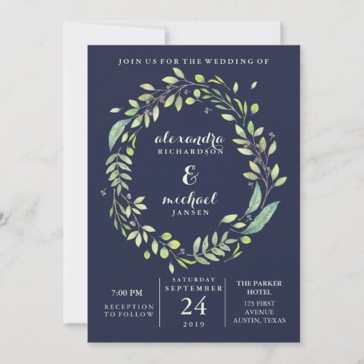 Leafy Green | Donkerblauwe Waterverf Wreath Weddin Kaart (Voorkant)