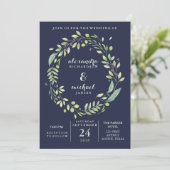 Leafy Green | Donkerblauwe Waterverf Wreath Weddin Kaart (Staand voorkant)