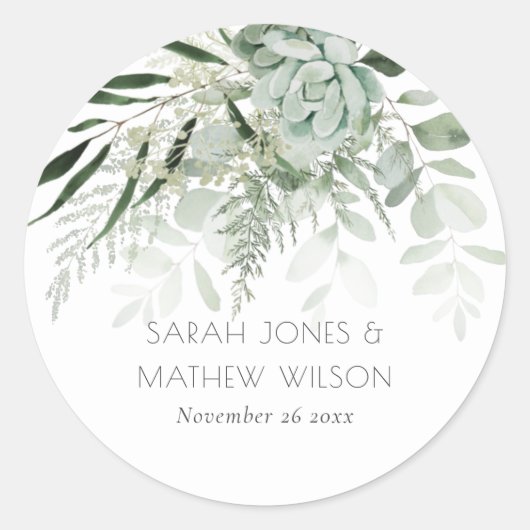 Leafy Green Fern Succulent Lijst Foliage Wedding Ronde Sticker (Voorkant)