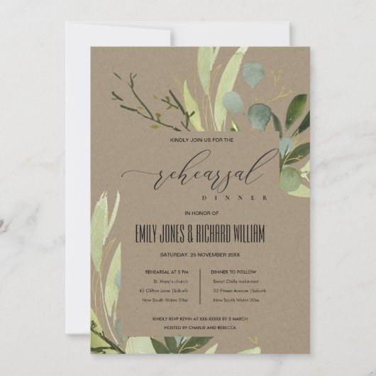 LEAFY GREEN FOLIAGE WATERVERF REHEARSAL DINNER KAART (Voorkant)