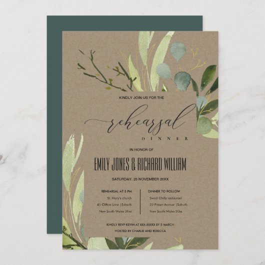 LEAFY GREEN FOLIAGE WATERVERF REHEARSAL DINNER KAART (Voorkant / Achterkant)