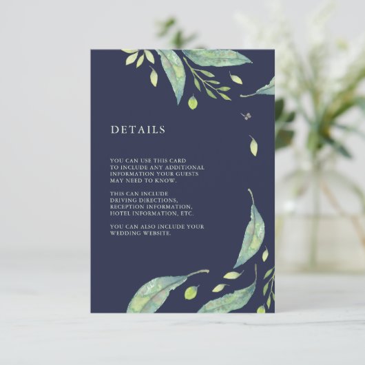 Leafy Green | Informatie over donkerblauwe bruilof Informatiekaartje (Staand voorkant)