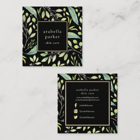 Leafy Green | Trendy Waterverf Pattern on Black Vierkante Visitekaartje (Voorkant / Achterkant)