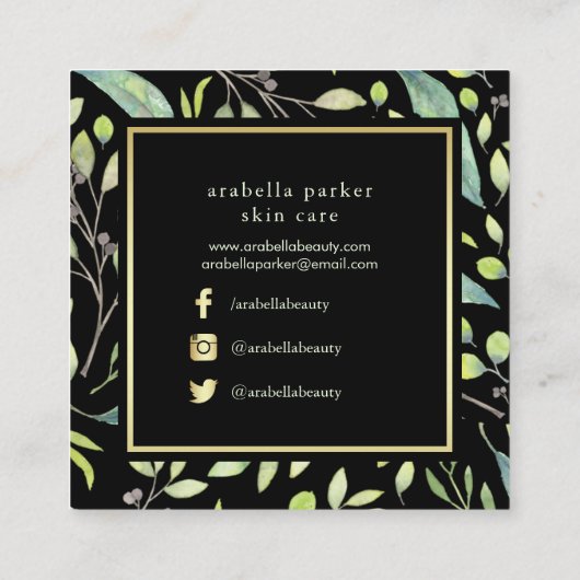 Leafy Green | Trendy Waterverf Pattern on Black Vierkante Visitekaartje (Achterkant)