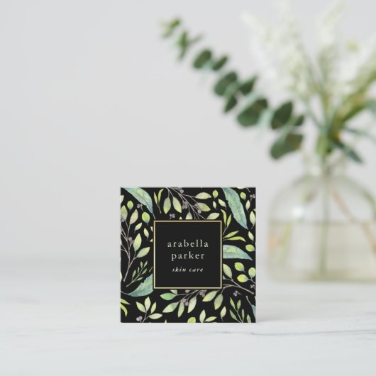 Leafy Green | Trendy Waterverf Pattern on Black Vierkante Visitekaartje (Staand voorkant)
