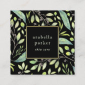 Leafy Green | Trendy Waterverf Pattern on Black Vierkante Visitekaartje (Voorkant)
