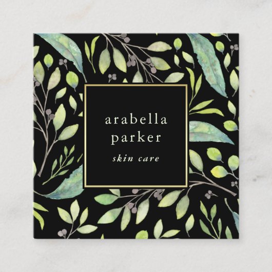 Leafy Green | Trendy Waterverf Pattern on Black Vierkante Visitekaartje (Voorkant)