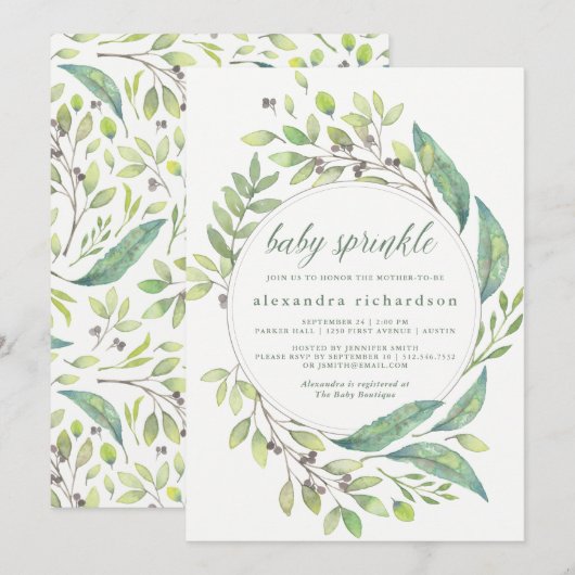 Leafy Green | Waterverf Wreath Baby Sprinkle Kaart (Voorkant / Achterkant)