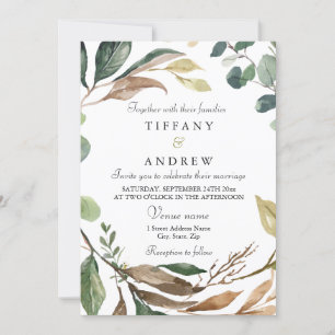Leafy Green Wreath Elegant Modern Wedding Kaart