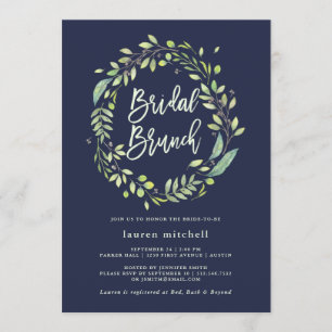 Leafy Green Wreath   Midnight Blue Bridal Brunch Kaart