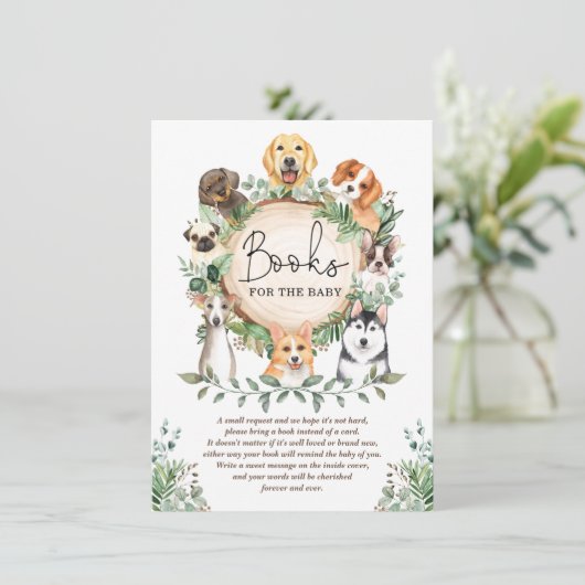 Leafy Greenery Puppy Dog Books for Baby shower Informatiekaartje (Staand voorkant)