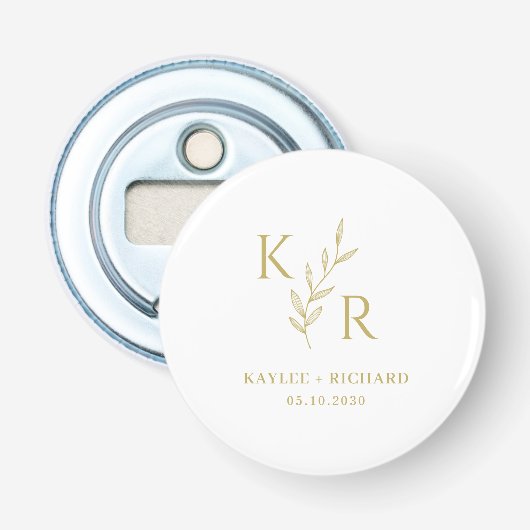Leafy Initialen Wedding Vrijgezellenfeest Verlovin Button Flesopener (Voorkant)