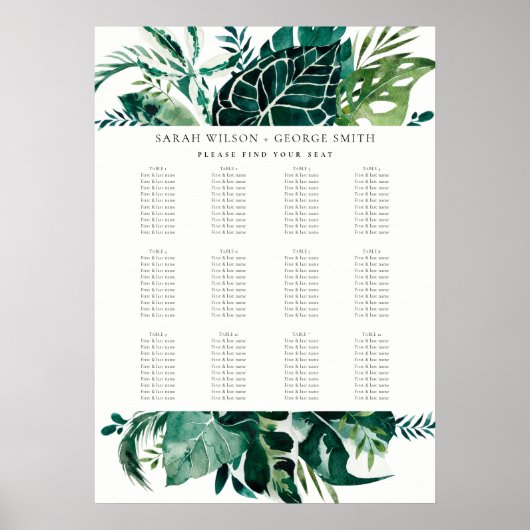 Leafy Monstera Green Fauna Wedding Seating Chart Poster (Voorkant)