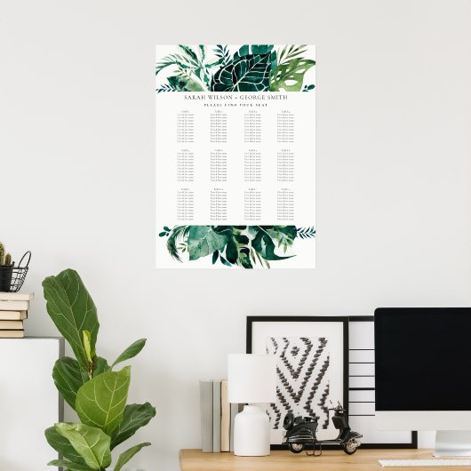 Leafy Monstera Green Fauna Wedding Seating Chart Poster (Thuiskantoor)