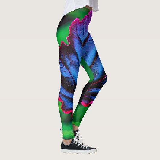 Leafy Neon Blue op Vivid Green Leggings (Rechts)