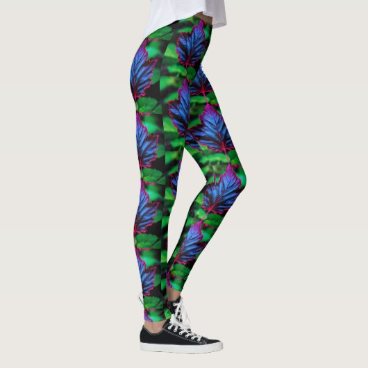 Leafy Neon Blue op Vivid Green Leggings (Rechts)