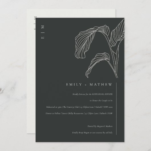 Leafy Palm Black White Rehearsal Dinner Invite Bedankkaart (Voorkant / Achterkant)