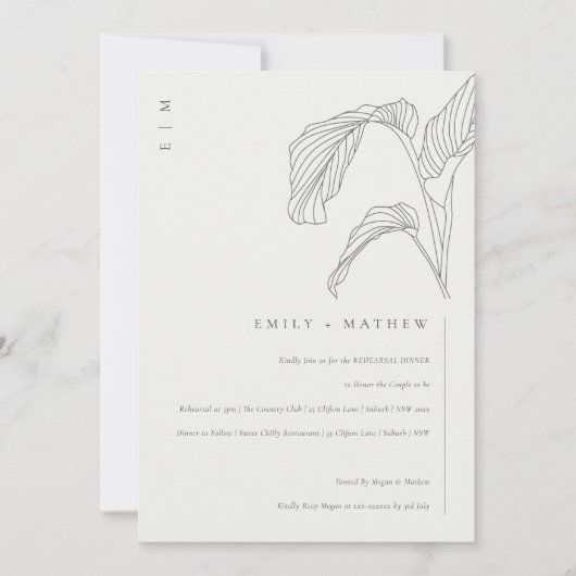Leafy Palm Black White Rehearsal Dinner Invite Bedankkaart (Voorkant)