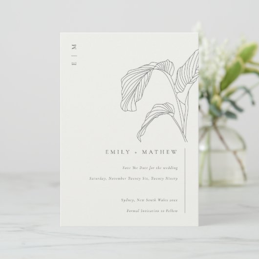 Leafy Palm Sketch Black White Save the Date Kaart (Staand voorkant)