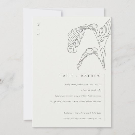 Leafy Palm Sketch Black White Verloving Invite Bedankkaart (Voorkant)