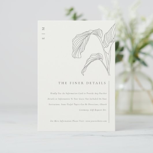 Leafy Palm Sketch Black White Wedding Details Informatiekaartje (Staand voorkant)
