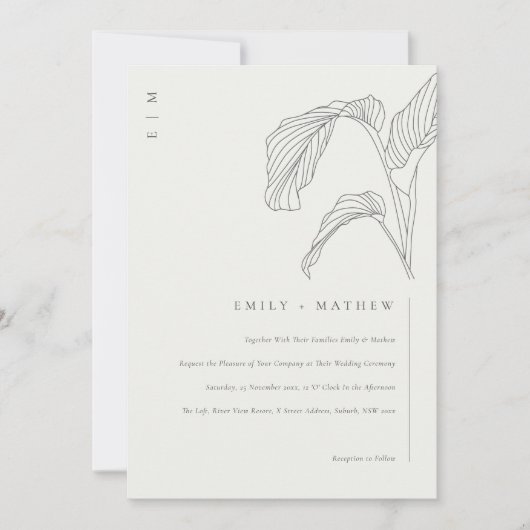 Leafy Palm Sketch Black White Wedite Invite Bedankkaart (Voorkant)