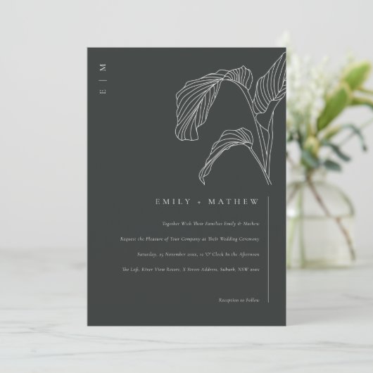 Leafy Palm Sketch Black White Wedite Invite Bedankkaart (Staand voorkant)