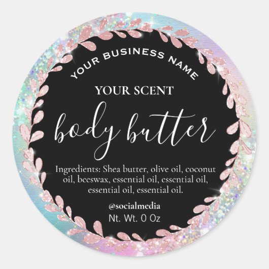 Leafy Pastel Pink Blue Glitter Body Butter Labels (Voorkant)