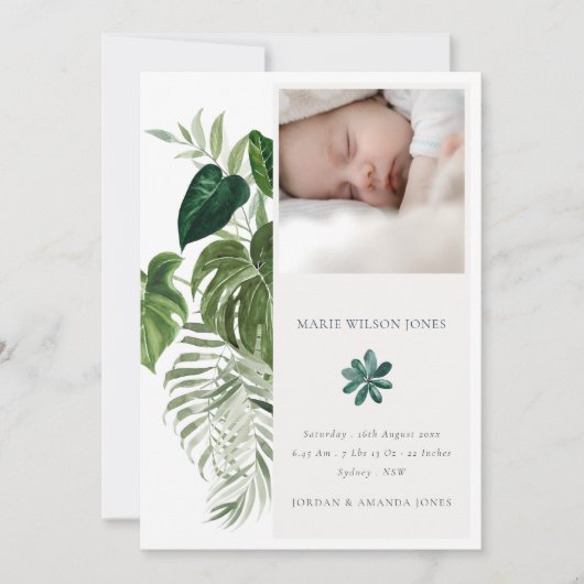 Leafy Tropical Fauna Foto Baby Birth Announding Bedankkaart (Voorkant)