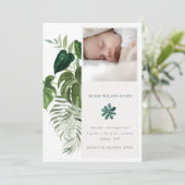 Leafy Tropical Fauna Foto Baby Birth Announding Bedankkaart (Staand voorkant)
