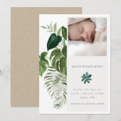 Leafy Tropical Fauna Foto Baby Birth Announding Bedankkaart (Voorkant / Achterkant)