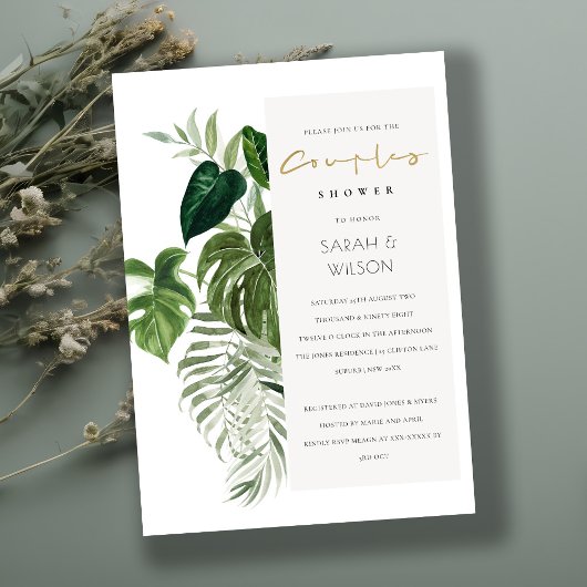 Leafy Tropical Palm Foliage Couples Shower Invite Bedankkaart